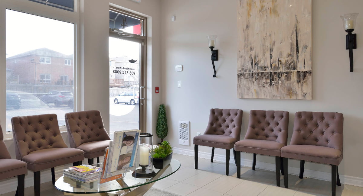 Comfortable patient waiting area at Mapleridge Dentistry featuring modern seating, natural light, and a welcoming atmosphere in Maple, Ontario